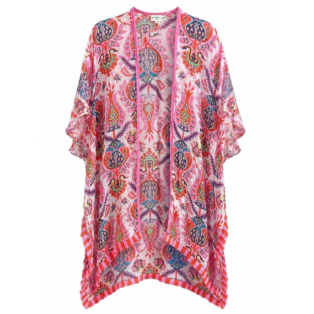 Spartina Linen Blend  Gauze Kimono Duster Cover-Up Fringe One Size Boho Coastal